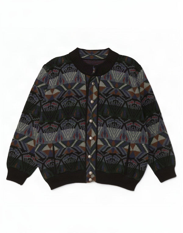 vintage Mens Cardigan Sweater Grand Vert Géométrique Acrylique