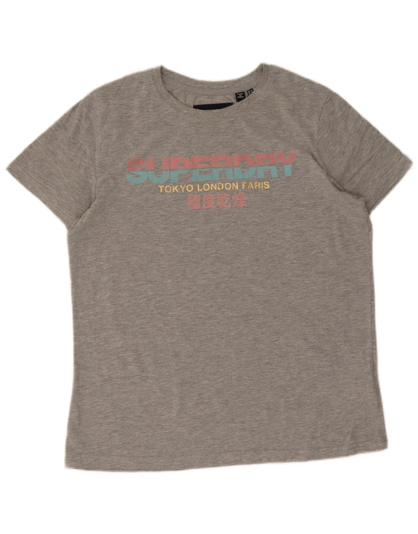 Superdry T-shirt graphique pour femme UK 14 Large Gris Coton