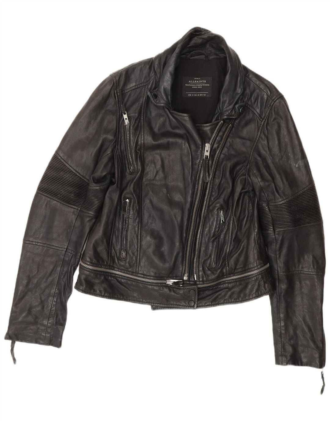 All Saints Veste de motard en cuir pour femme UK 14 Grand cuir noir