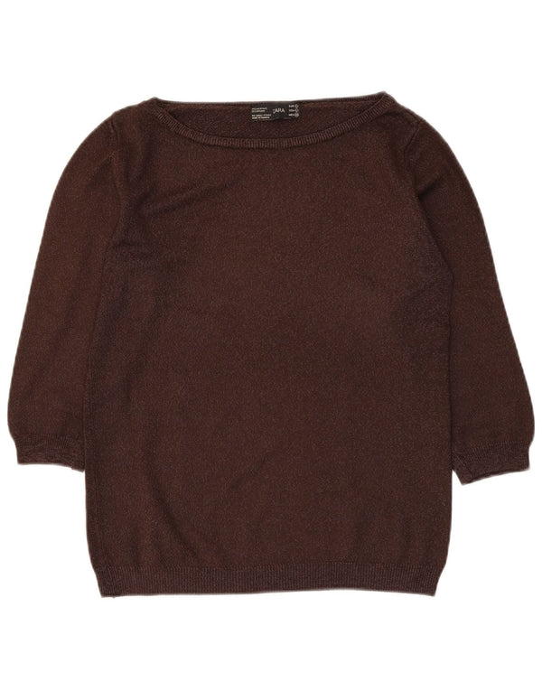 Zara Pull à manches 3/4 et col bateau pour femme UK 14 Large Marron Acrylique