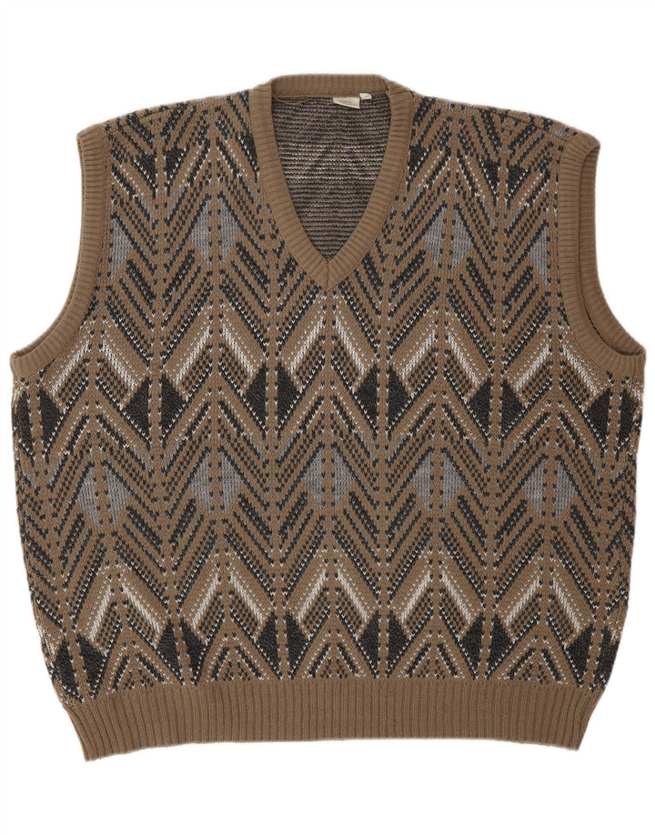 VINTAGE Débardeur Homme IT 52 Large Marron Fair Isle