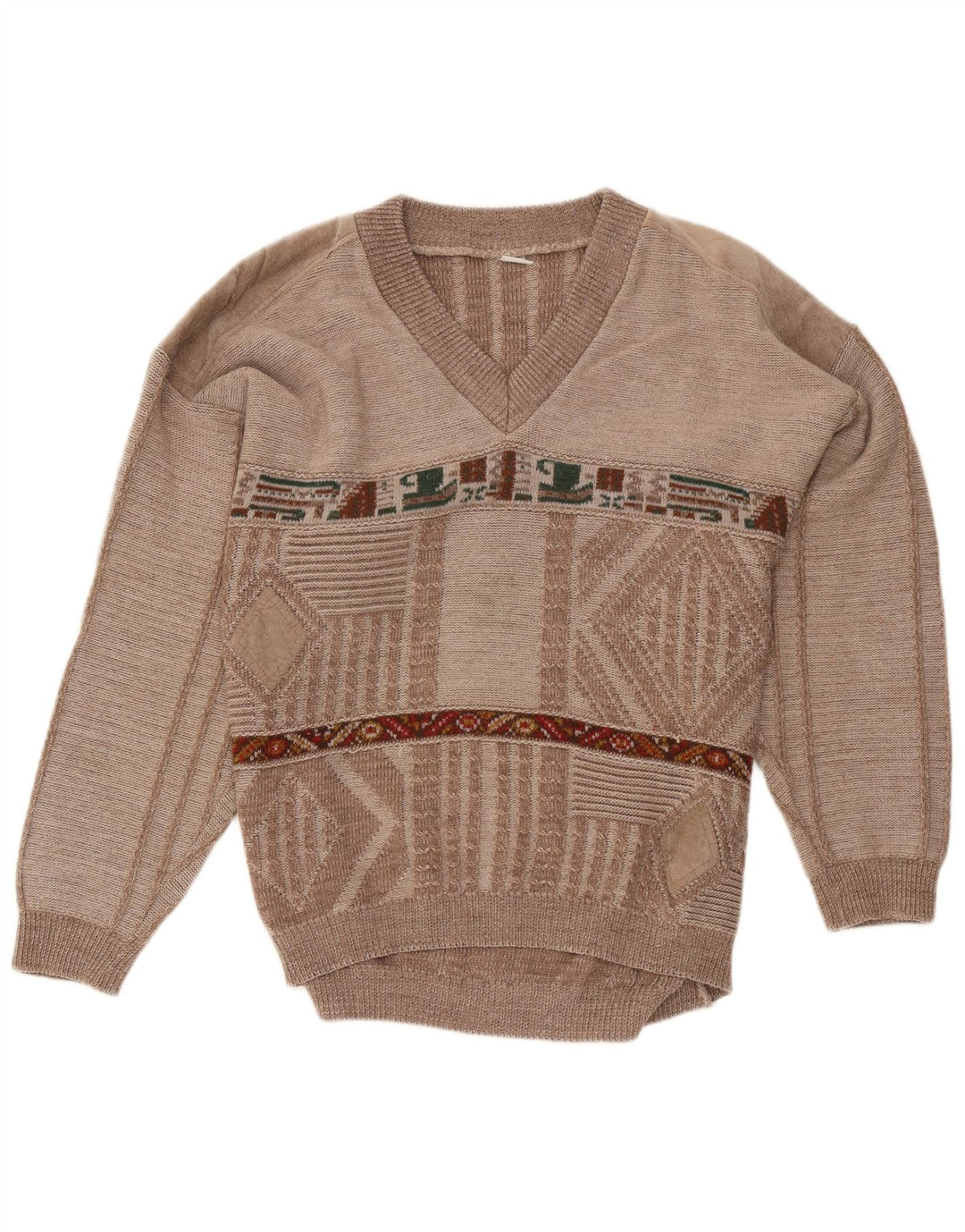 VINTAGE Pull col V homme marron moyen géométrique