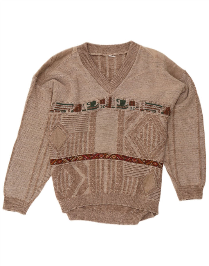 VINTAGE Pull col V homme marron moyen géométrique