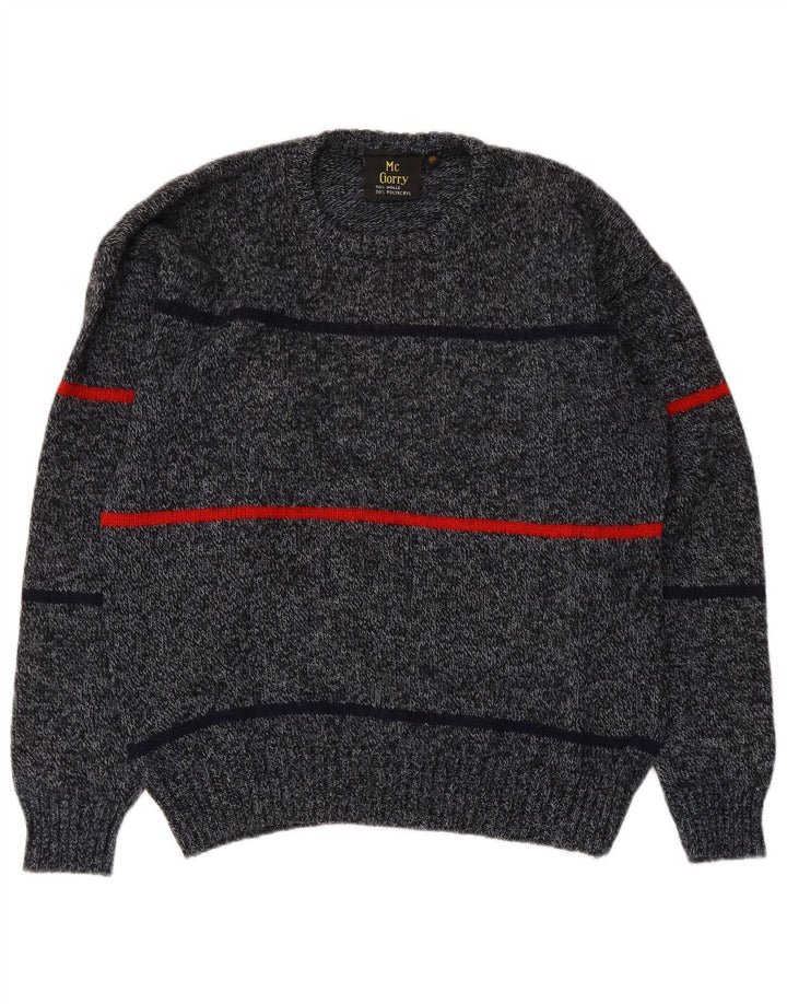 vintage Mens Crew Neck Jumper Pull IT 50 Laine rayée gris moyen
