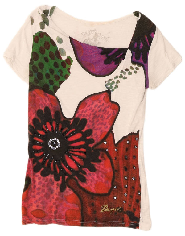 Desigual T-shirt graphique pour femme UK 12 Medium Blanc Floral