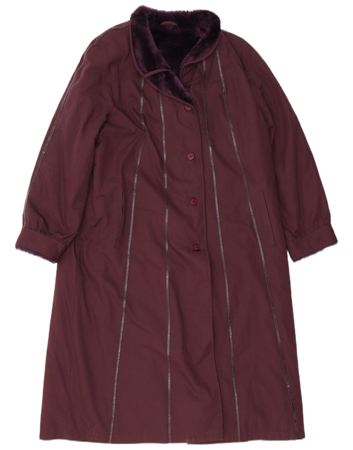 vintage Womens Overcoat UK 16 Grand Polyester Rayé Bordeaux