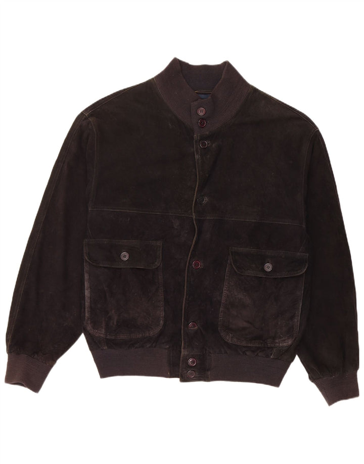 vintage Mens Suede Bomber Jacket IT 48 Cuir Noir Moyen