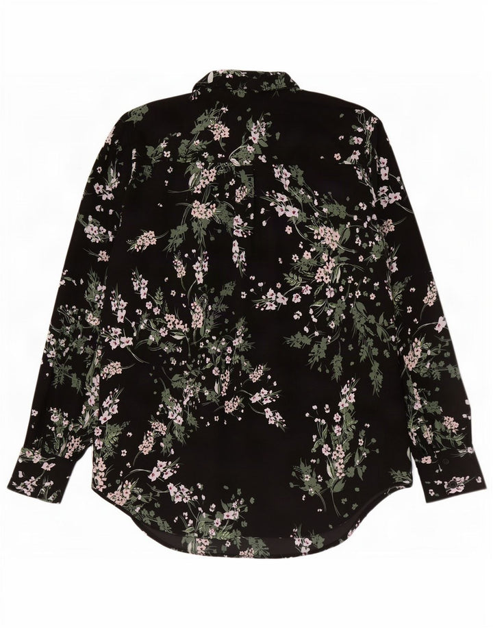 vintage Femme Chemise Blouse UK 12 Moyen Noir Floral