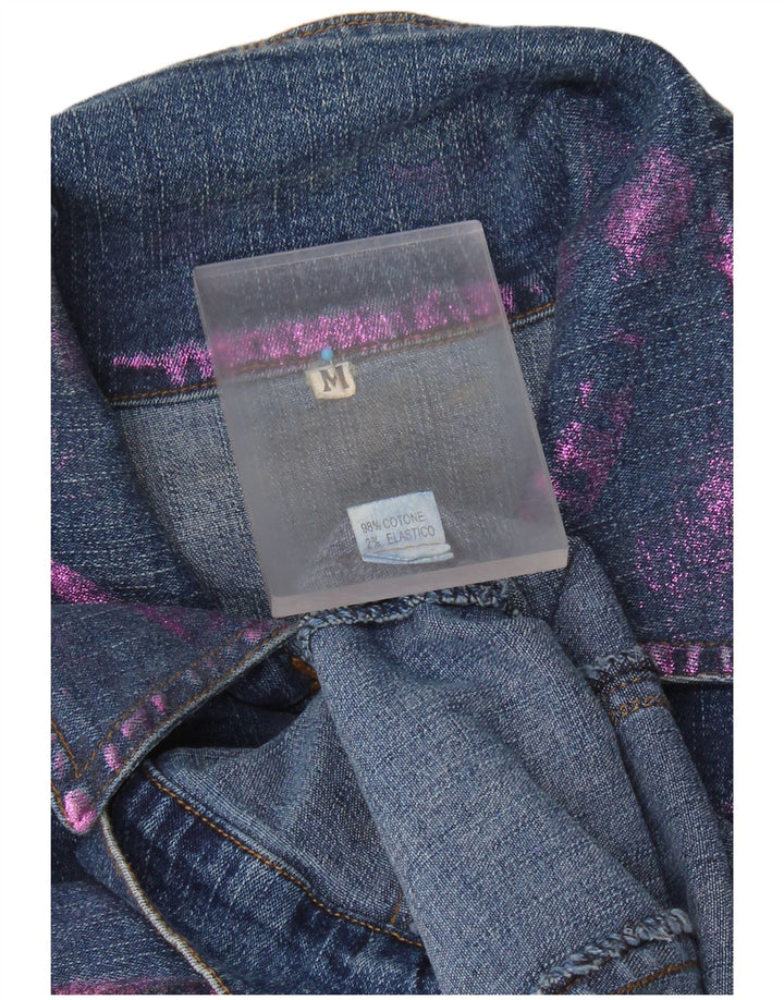 vintage Femme Crop Denim Veste UK 12 Moyen Bleu Tie Dye Coton