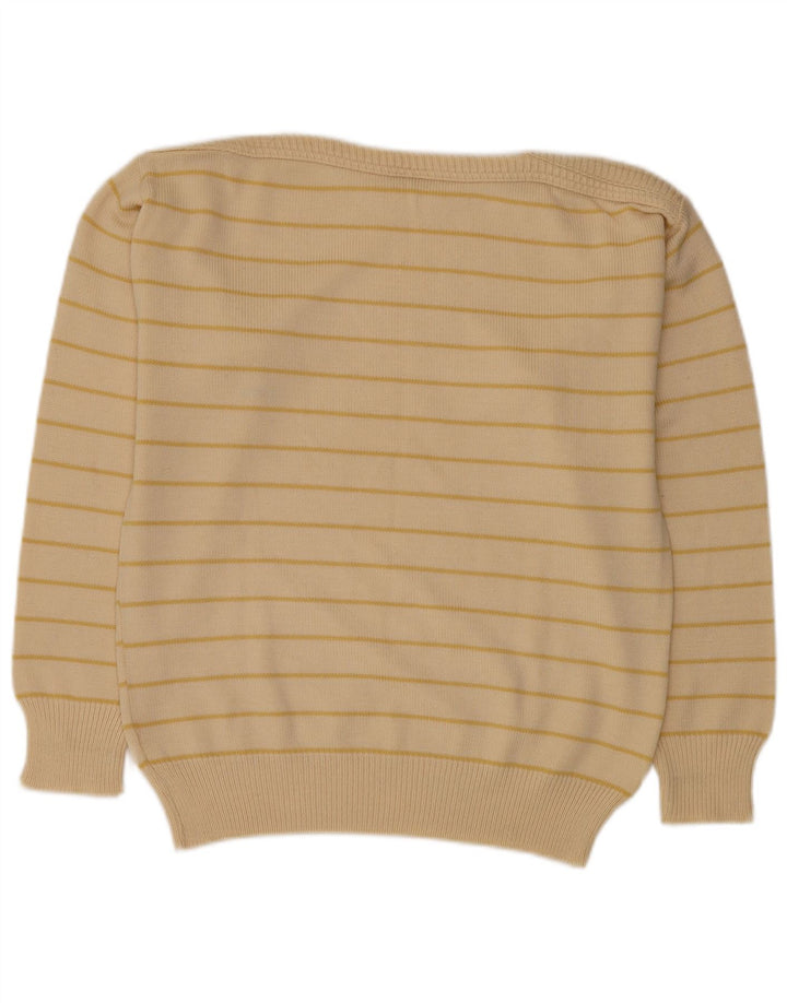 vintage Mens Boat Neck Jumper Pull Moyen Beige Rayé Polyacrylique