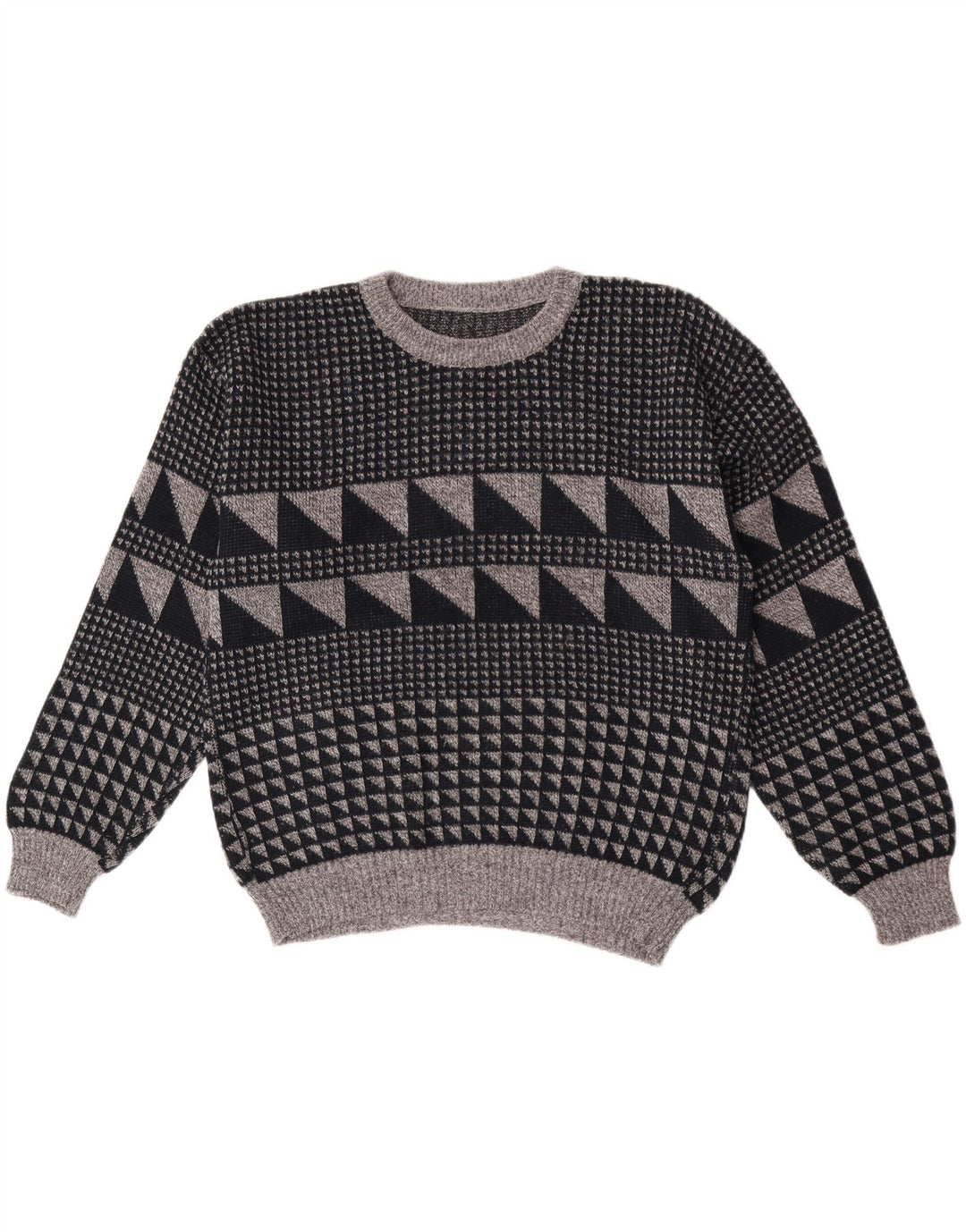 vintage Mens Crew Neck Jumper Pull Grand Gris Géométrique