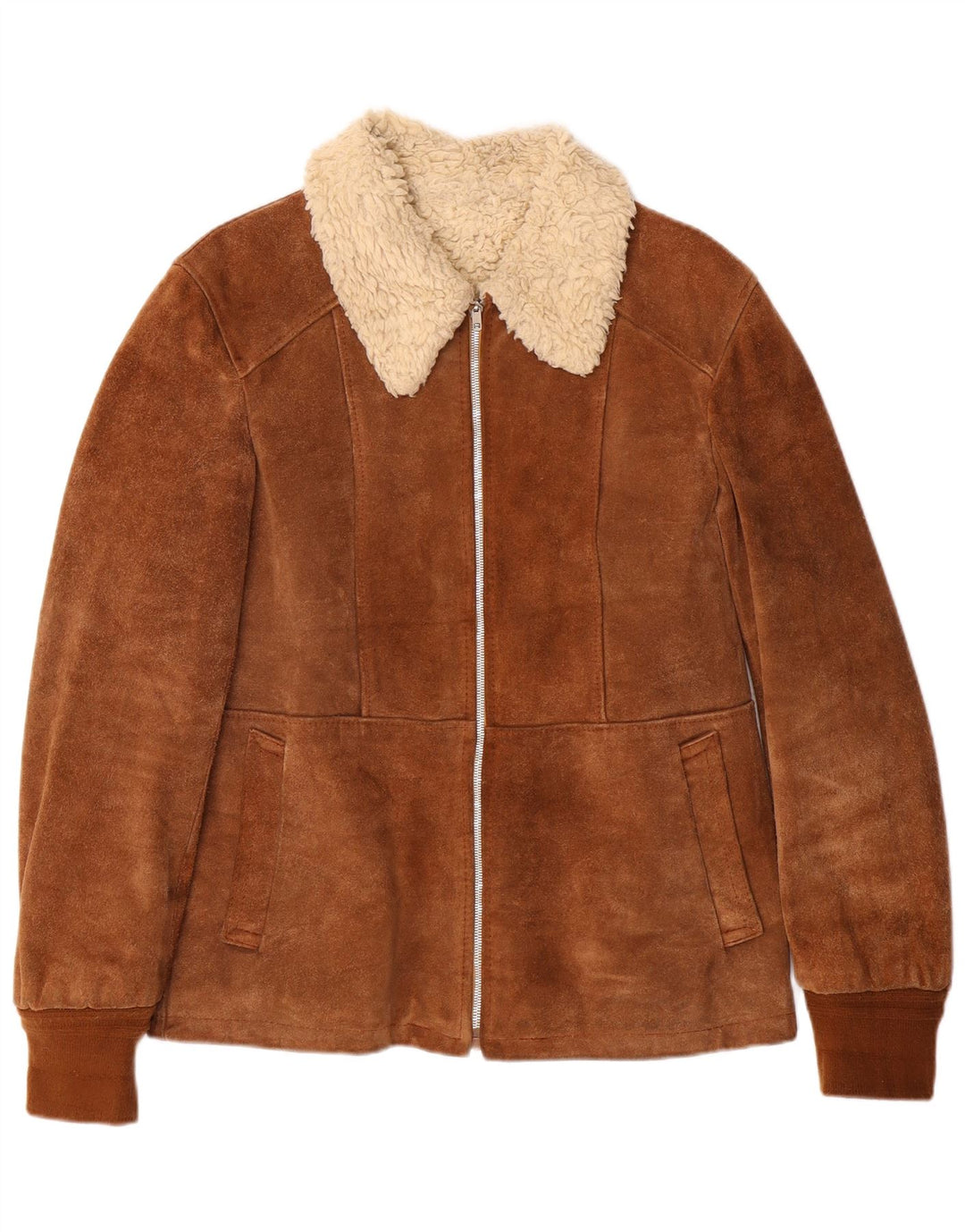 VINTAGE Veste Shearling Femme IT 46 Grand Cuir Marron