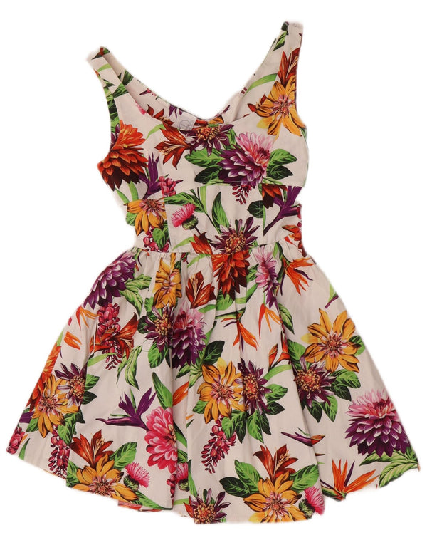 vintage Femme Robe Swing Sans Manches UK 8 Petit Coton Floral Blanc