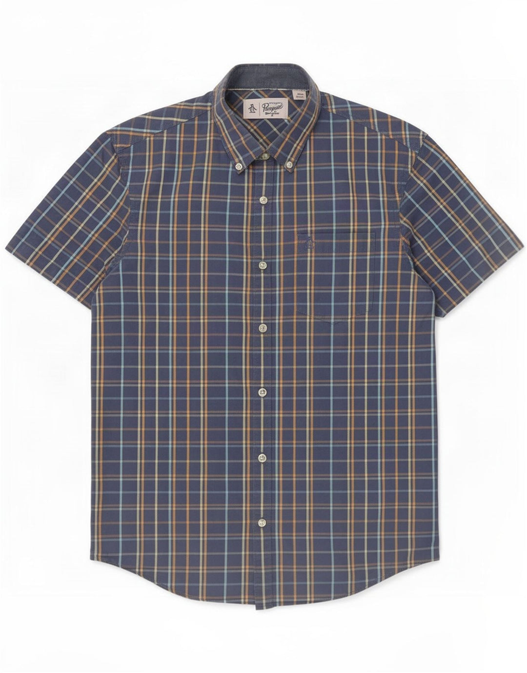 Penguin Chemise à manches courtes pour homme en coton à carreaux bleu moyen