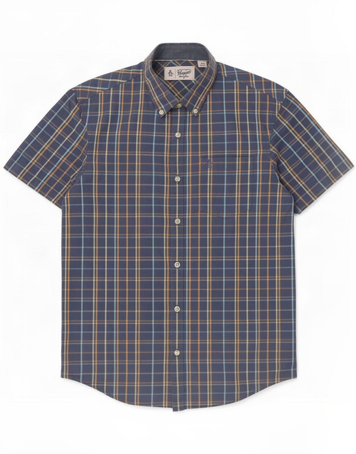 Penguin Chemise à manches courtes pour homme en coton à carreaux bleu moyen