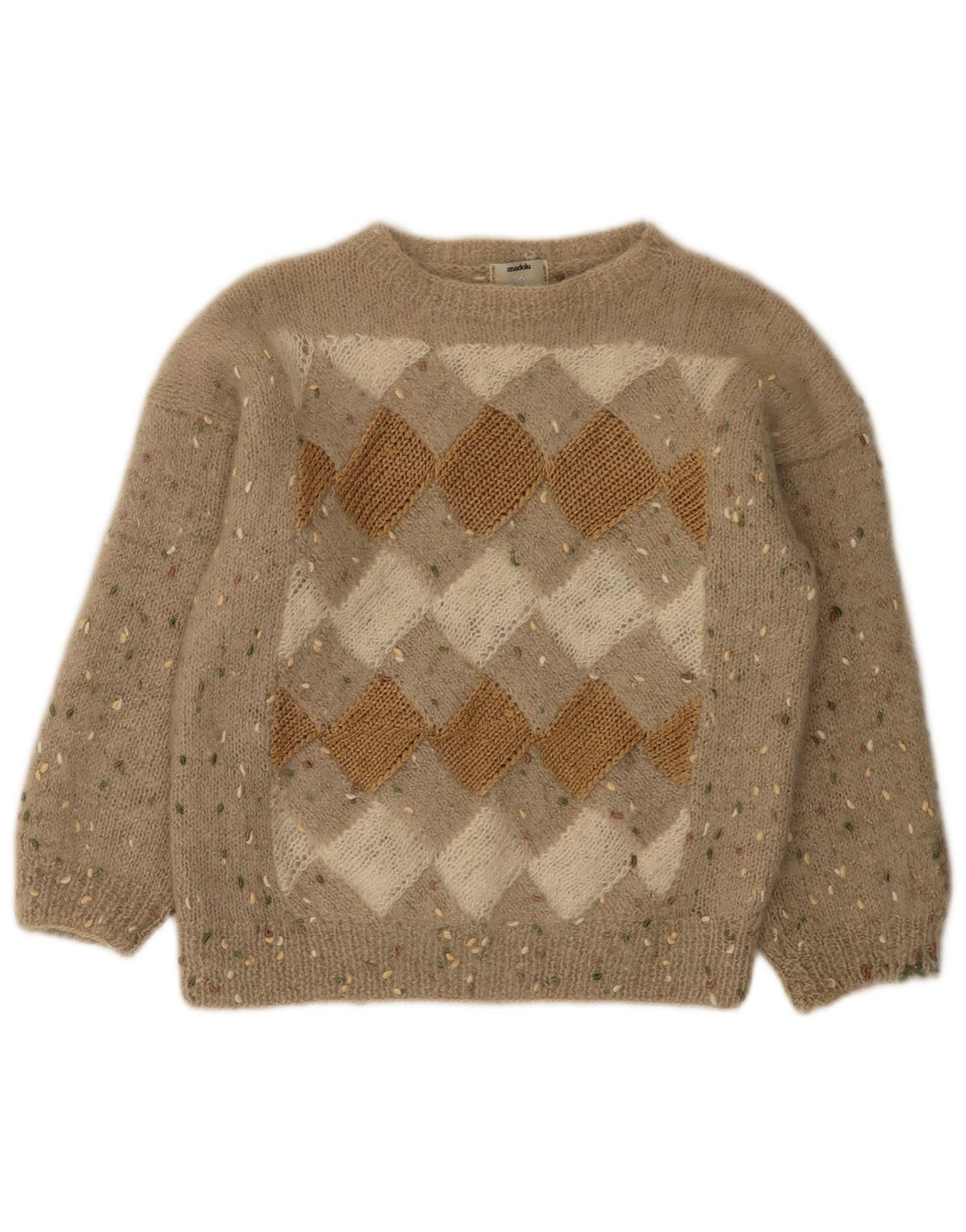 vintage Femme Bateau Cou Jumper Pull UK 12 Moyen Beige Argyle/Diamant