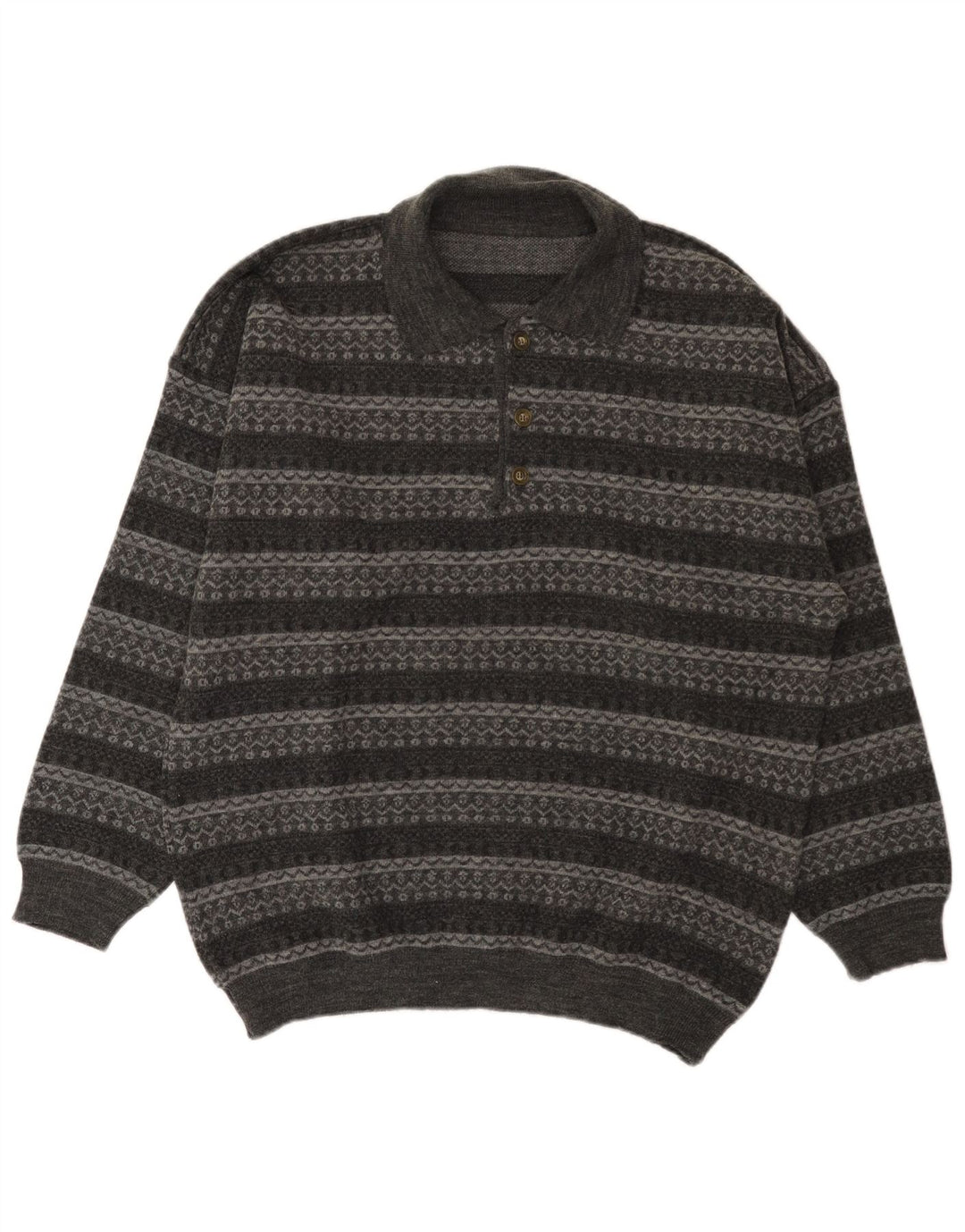 vintage Mens Polo Neck Jumper Pull Grand Gris Rayé