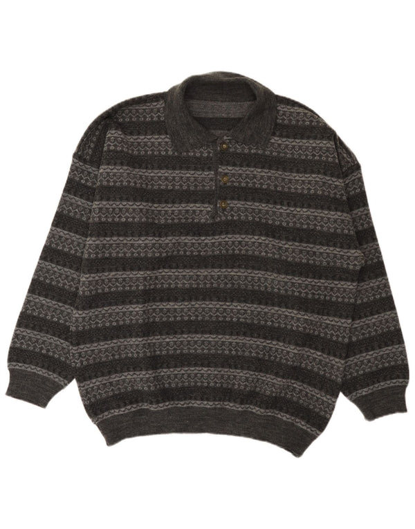 vintage Mens Polo Neck Jumper Pull Grand Gris Rayé