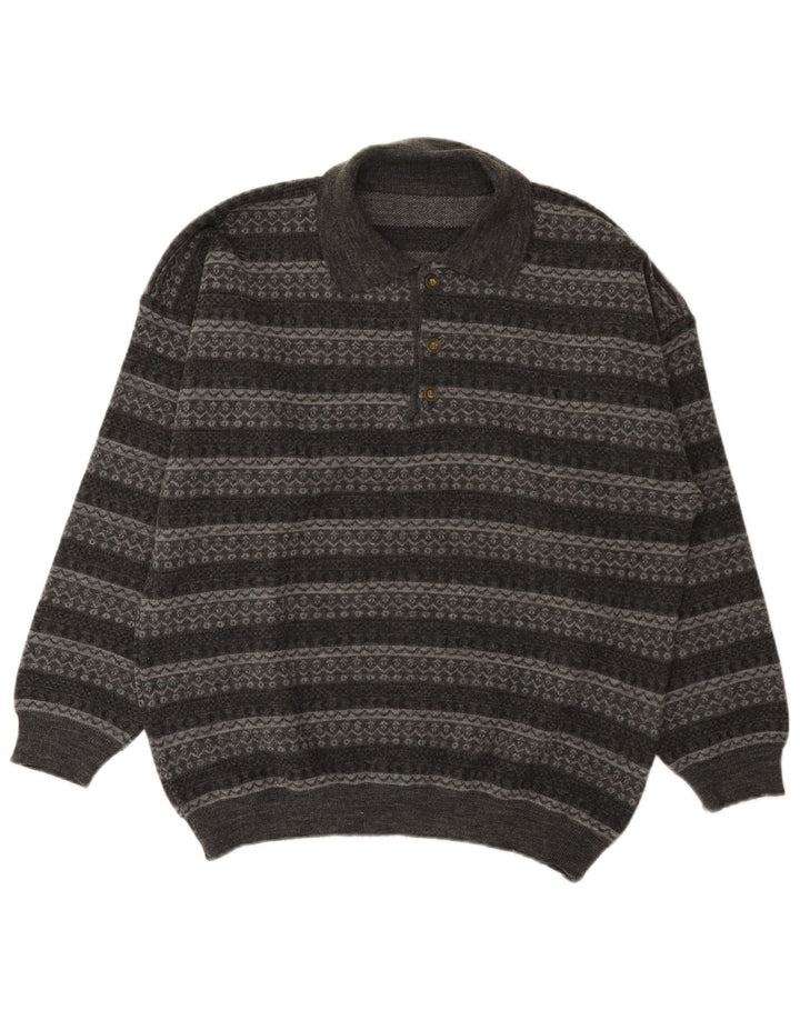 vintage Mens Polo Neck Jumper Pull Grand Gris Rayé