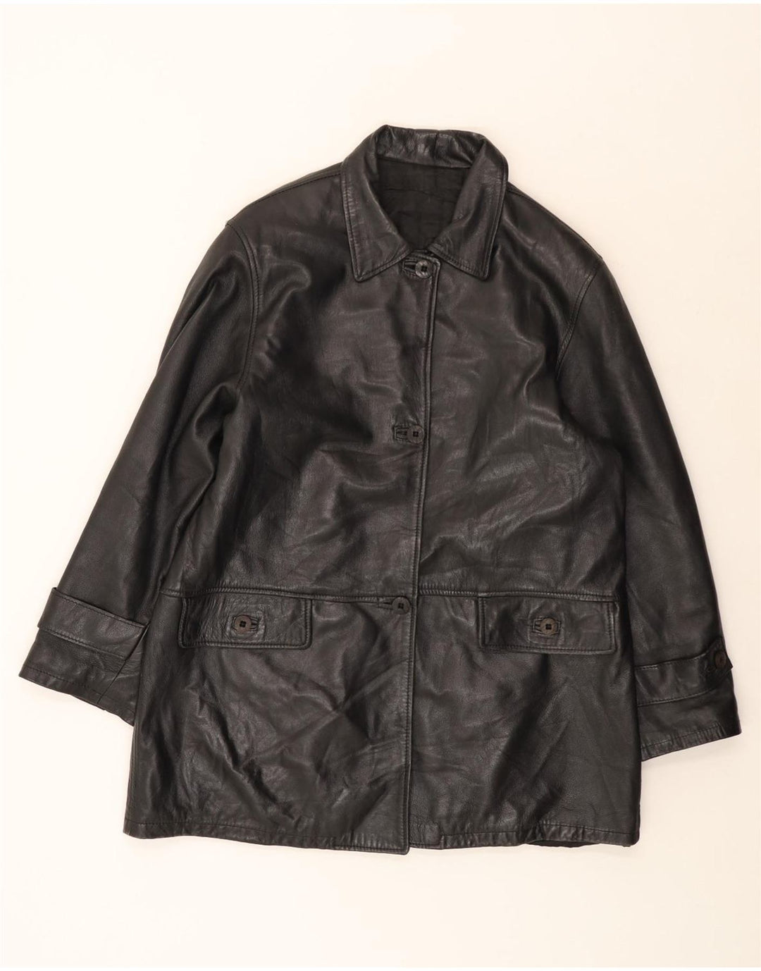 manteau en cuir femme vintage IT 46 Grand Noir
