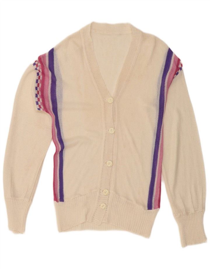 vintage Femme Cardigan Pull UK 12 Moyen Off White Rayé