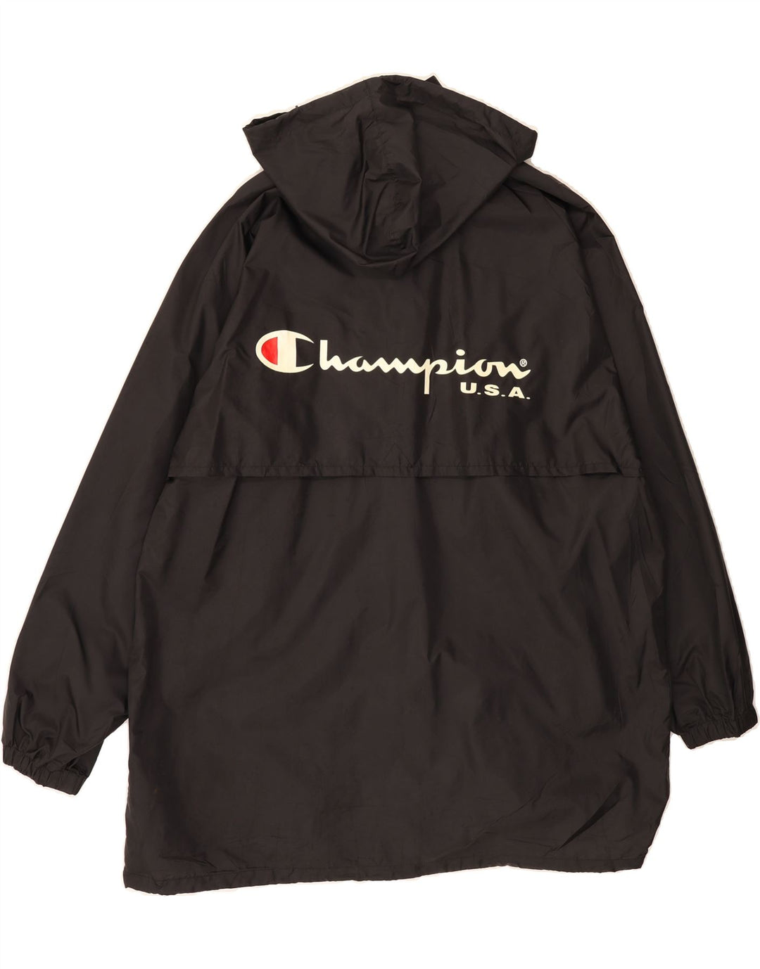 CHAMPION Mens Graphic Hooded Rain Jacket UK 42 XL Black Polyamide Vintage Champion and Second-Hand Champion from Messina Hembry 