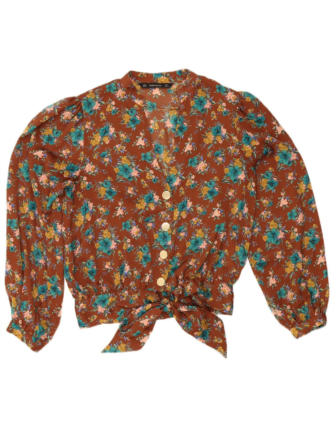 Zara Femme Chemise Blouse UK 10 Petit Marron Floral Polyester