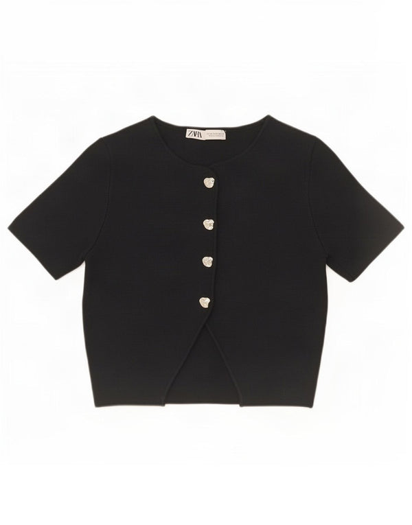 Zara Womens Crop Short Sleeve Cardigan Top UK 14 Moyen Noir Viscose
