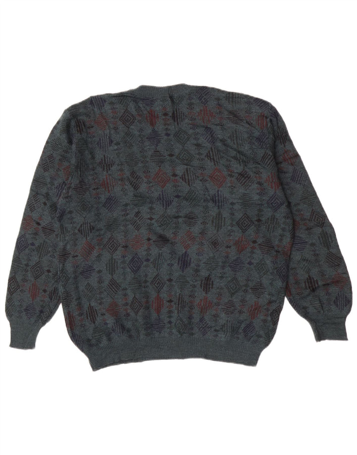 vintage Mens Crew Neck Jumper Pull Moyen Bleu Géométrique Vierge Laine