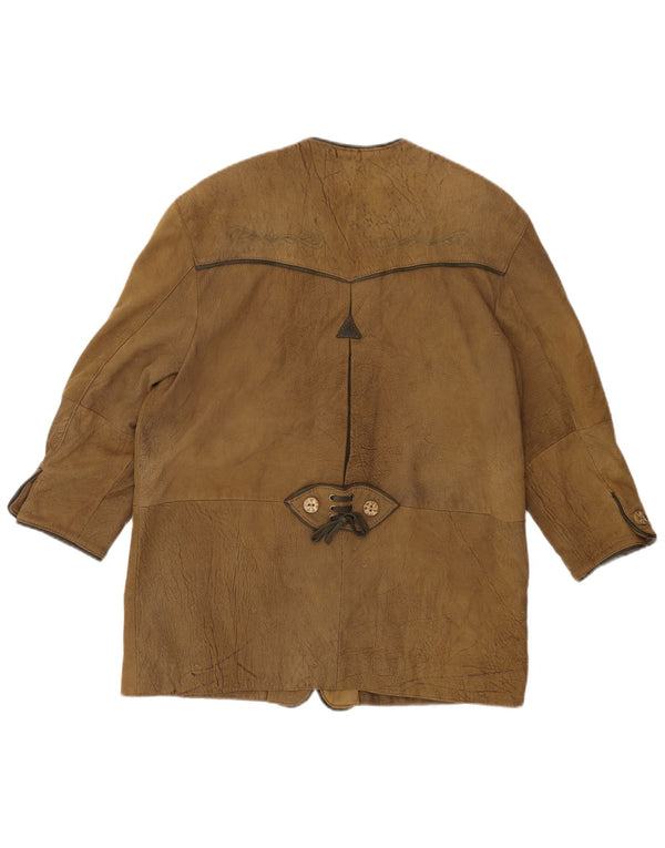 VINTAGE Veste blazer en cuir à manches 3/4 pour femme EU 44 XL Kaki