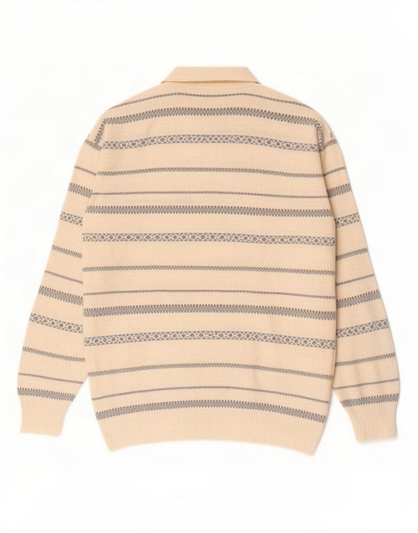 vintage Mens Polo Neck Jumper Pull Moyen Blanc Rayé
