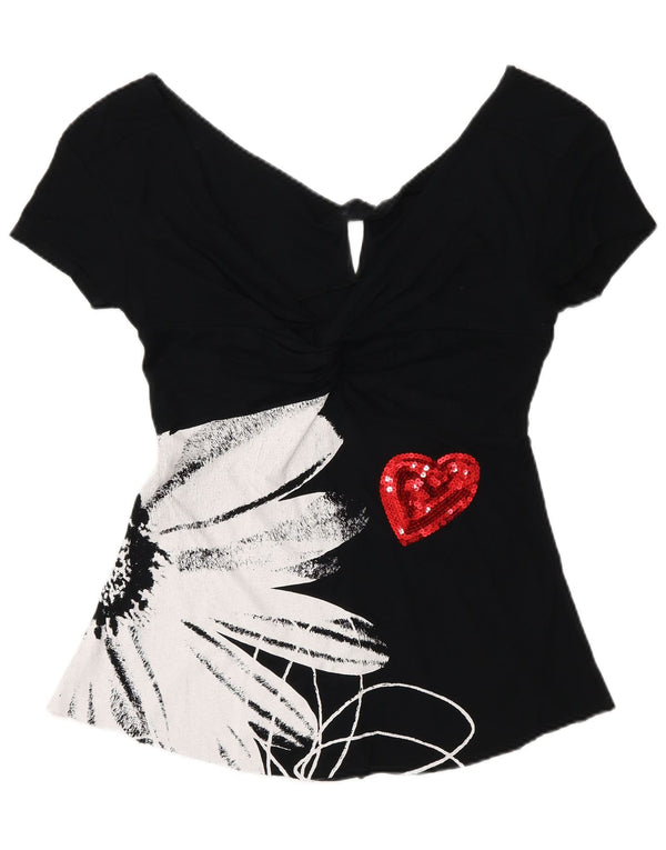 Desigual Womens Graphic Blouse Top UK 8 Petit Coeur Floral Noir
