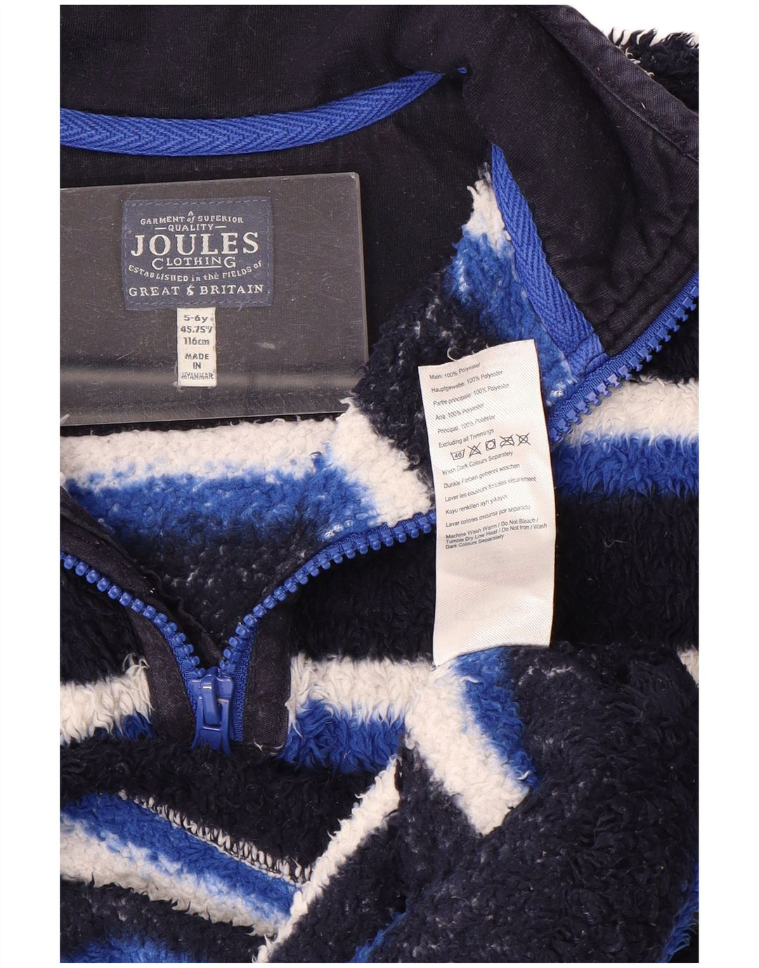 JOULES Pull Polaire Col Zippé Garçon 5-6 ans Bleu Rayé Polyester