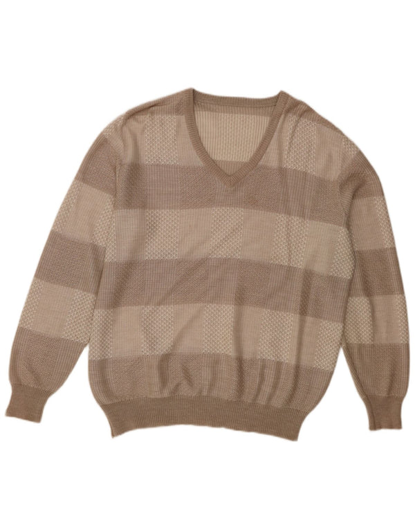 vintage Homme Col V Jumper Pull IT 56 XL Marron Rayé Acrylique