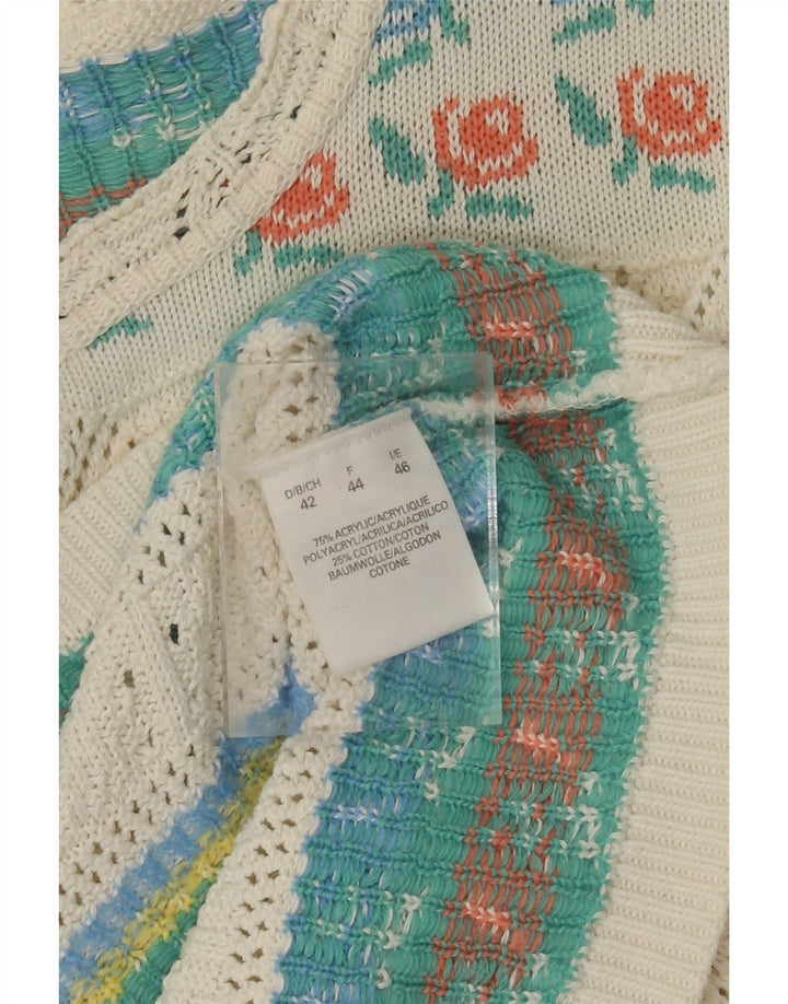 VINTAGE Femme Col Bateau Pull Pull IT 46 Grand Acrylique Floral Blanc