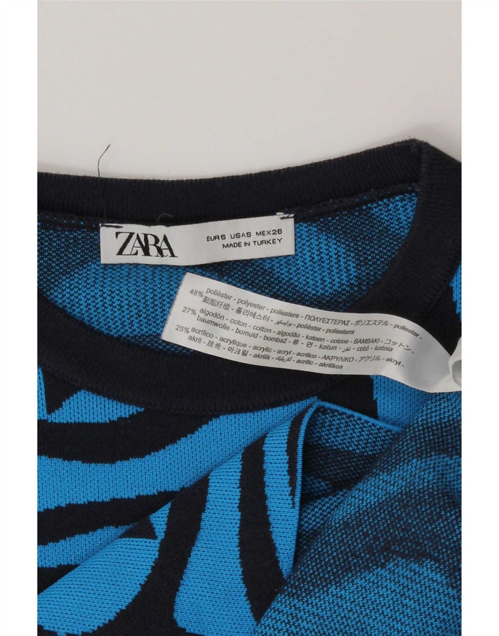 Zara Womens Abstract Pattern Crop Top Manches Longues UK 8 Petit Bleu Polyester