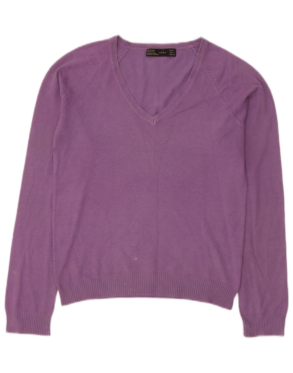 Zara Pull col en V pour femme UK 14 Large Violet Coton