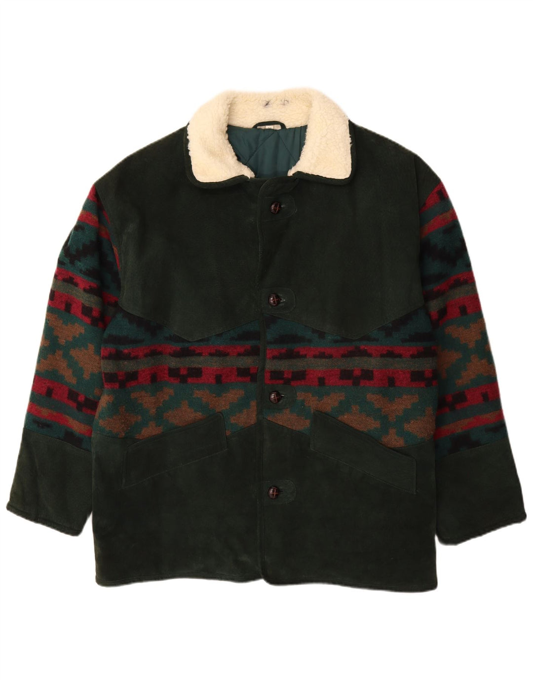 veste en daim homme vintage UK 42 XL laine géométrique kaki