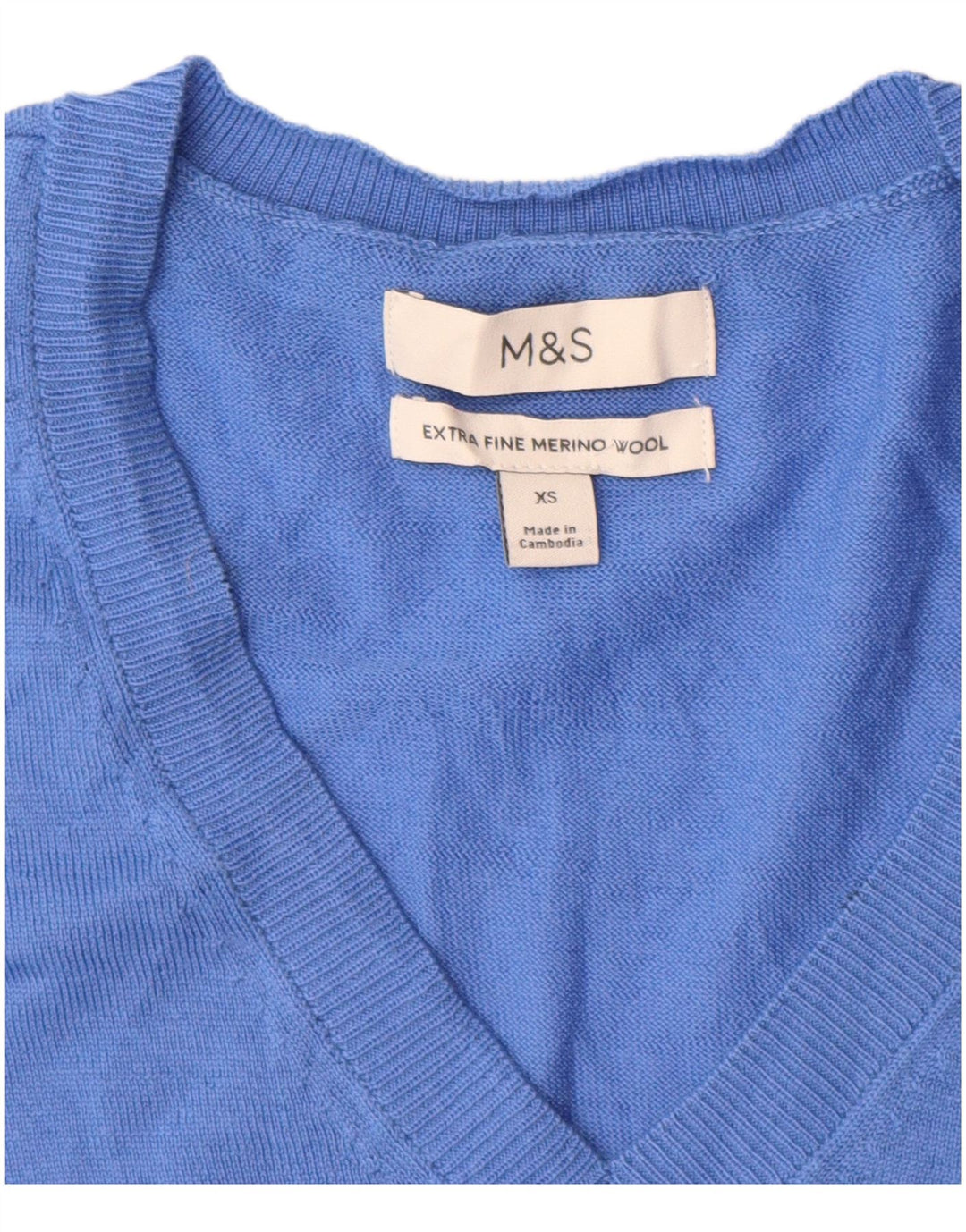 Marks & Spencer Pull col en V pour femme UK 6 XS Bleu laine mérinos
