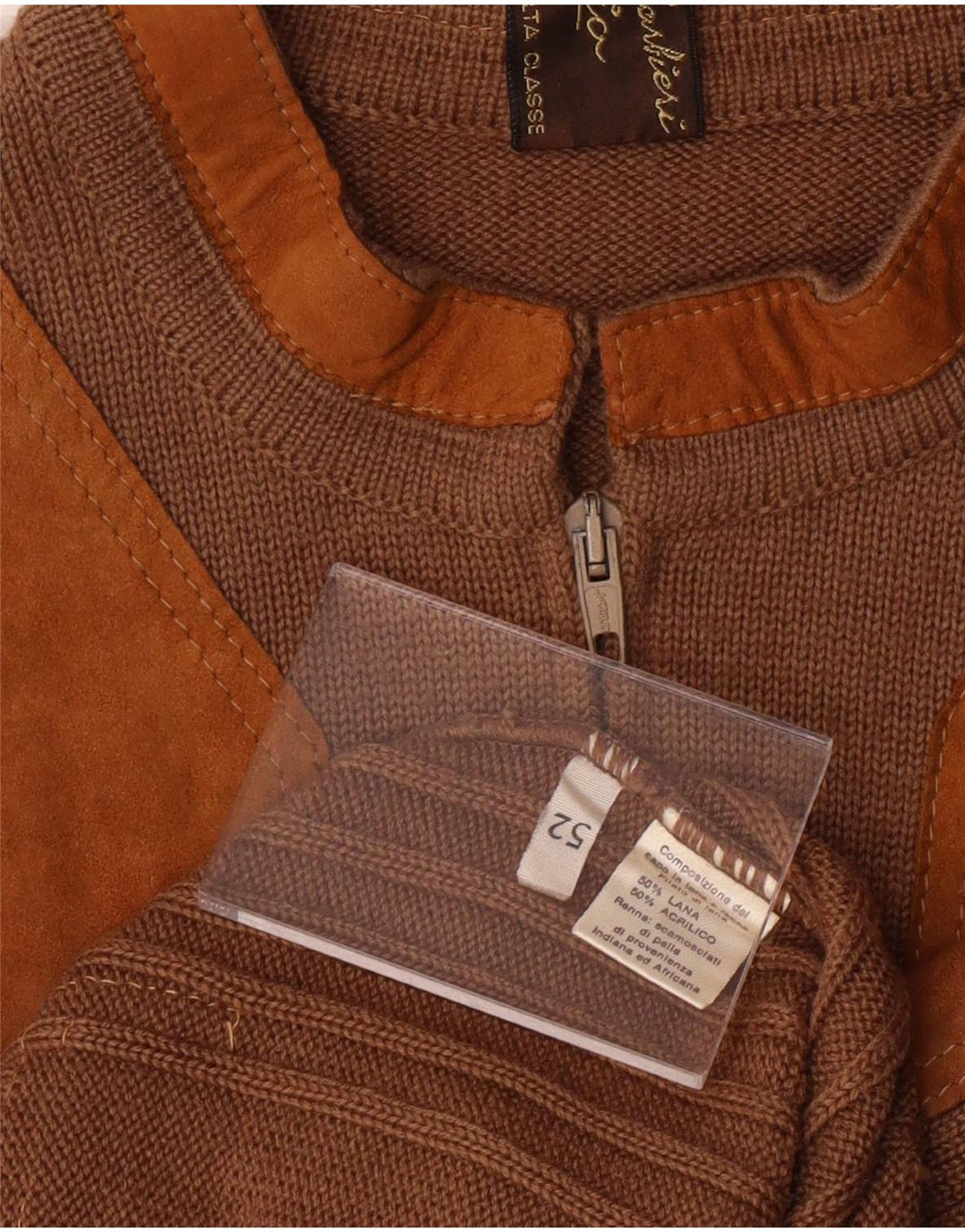 VINTAGE Homme Daim Cardigan Pull IT 52 Grande Laine Colorblock Marron