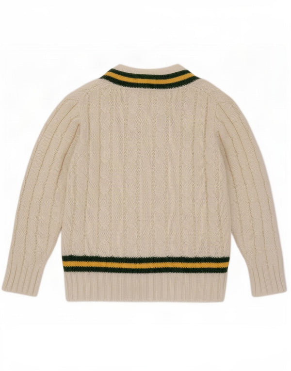 vintage Mens V-Col Jumper Pull Moyen Blanc Rayé Acrylique