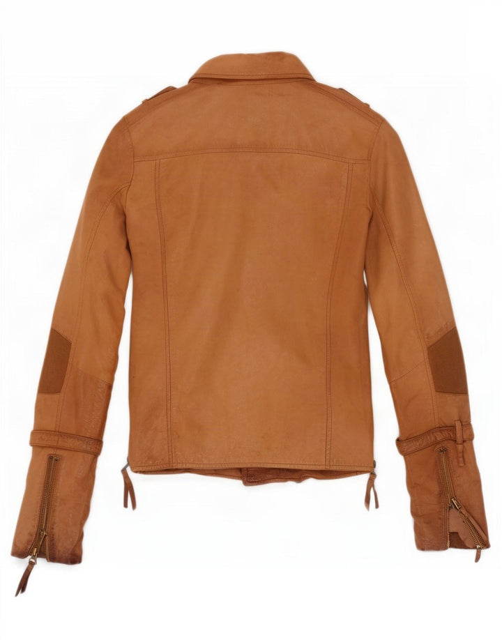 True Religion Veste de motard en cuir pour femme UK 10 Small Beige Colourblock