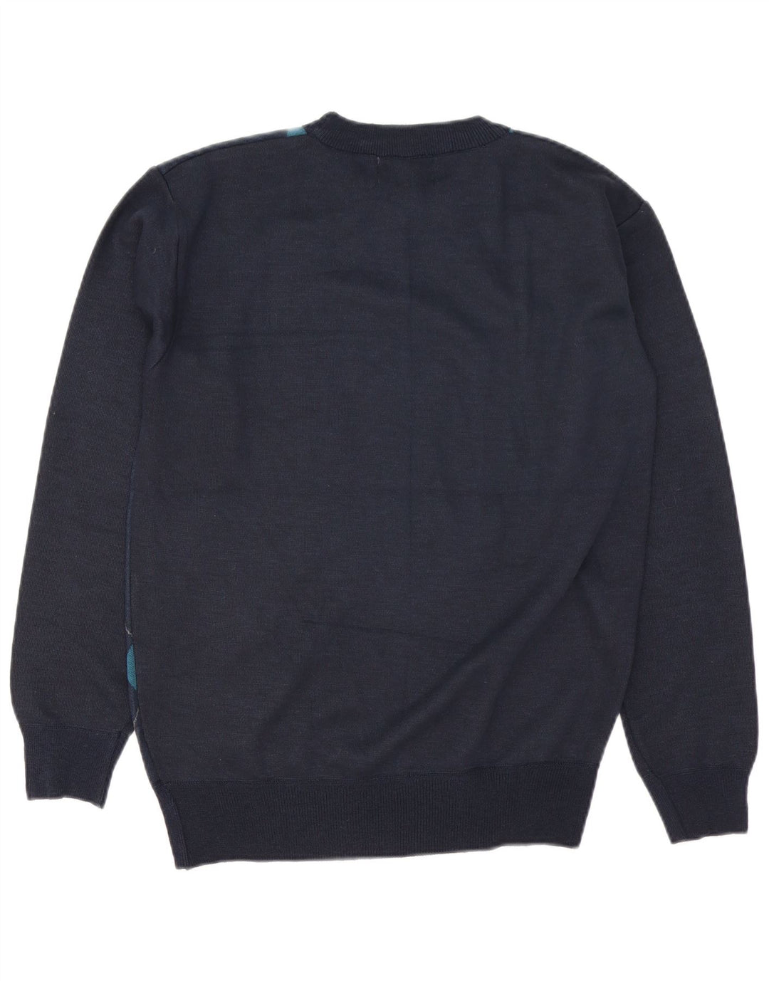vintage Mens Crew Neck Jumper Pull Grand Bleu Marine Argyle/Diamond Laine