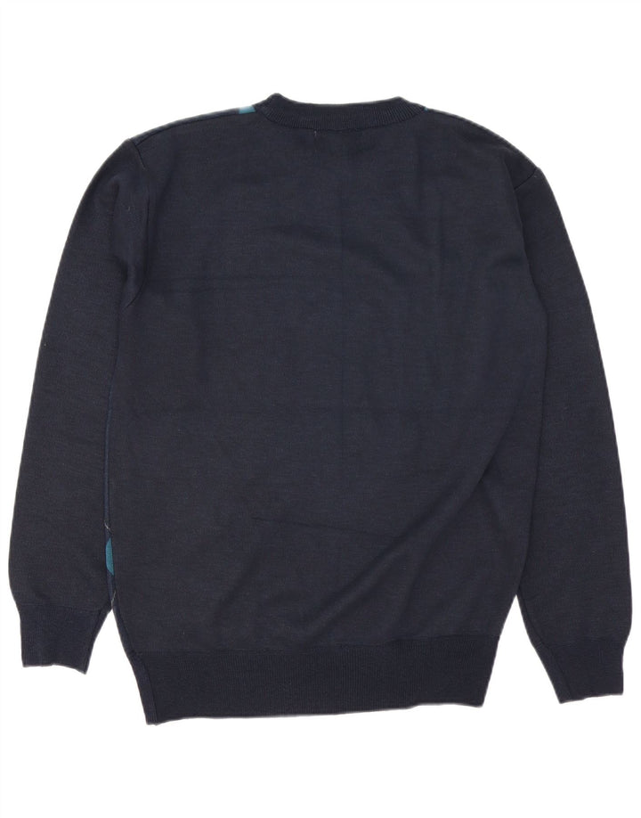 vintage Mens Crew Neck Jumper Pull Grand Bleu Marine Argyle/Diamond Laine
