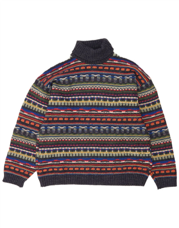 vintage Mens Roll Neck Jumper Pull Grande laine Fair Isle multicolore