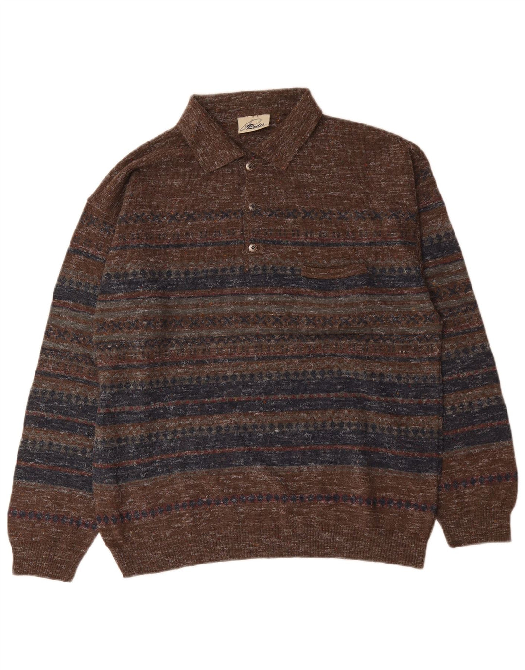Rodes Pull à col polo pour homme en laine rayée marron
