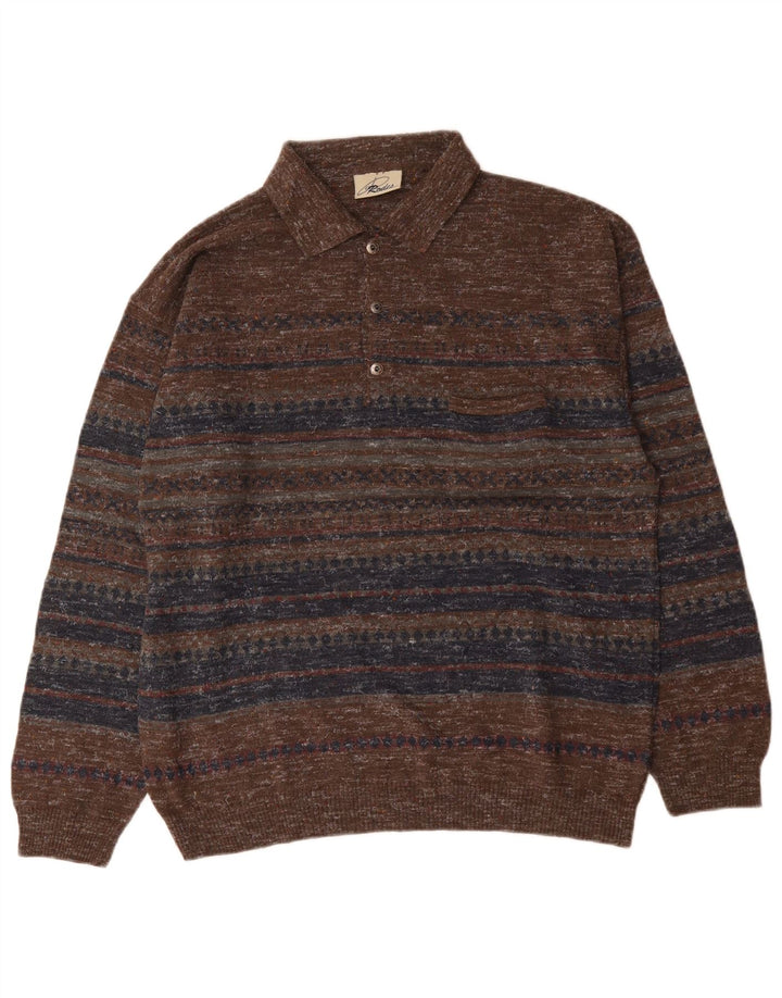 Rodes Pull à col polo pour homme en laine rayée marron