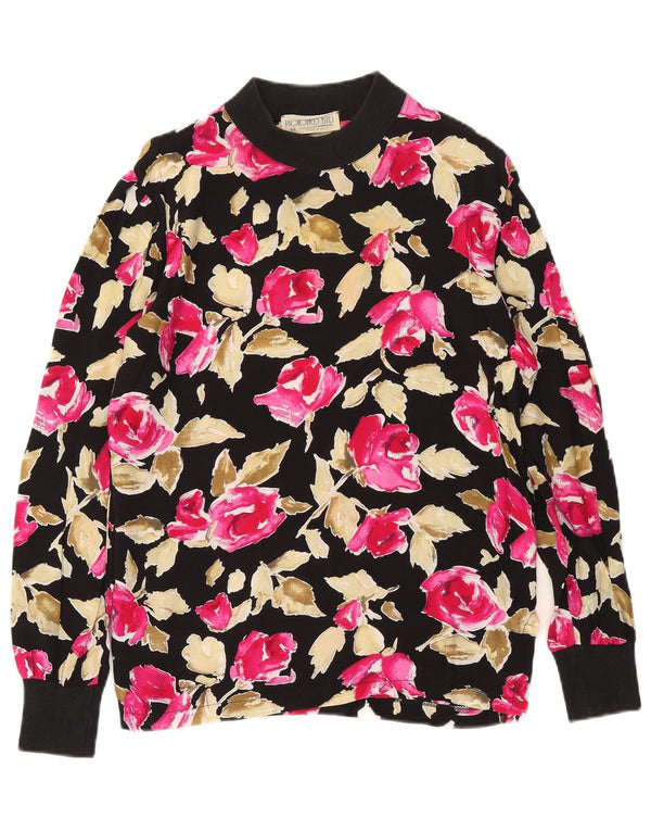 vintage Femme Top Manches Longues UK 14 Moyen Noir Floral Viscose