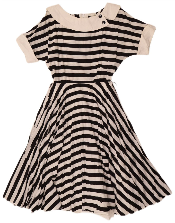 VINTAGE Robe A-Line Femme UK 12 Moyen Noir Rayé