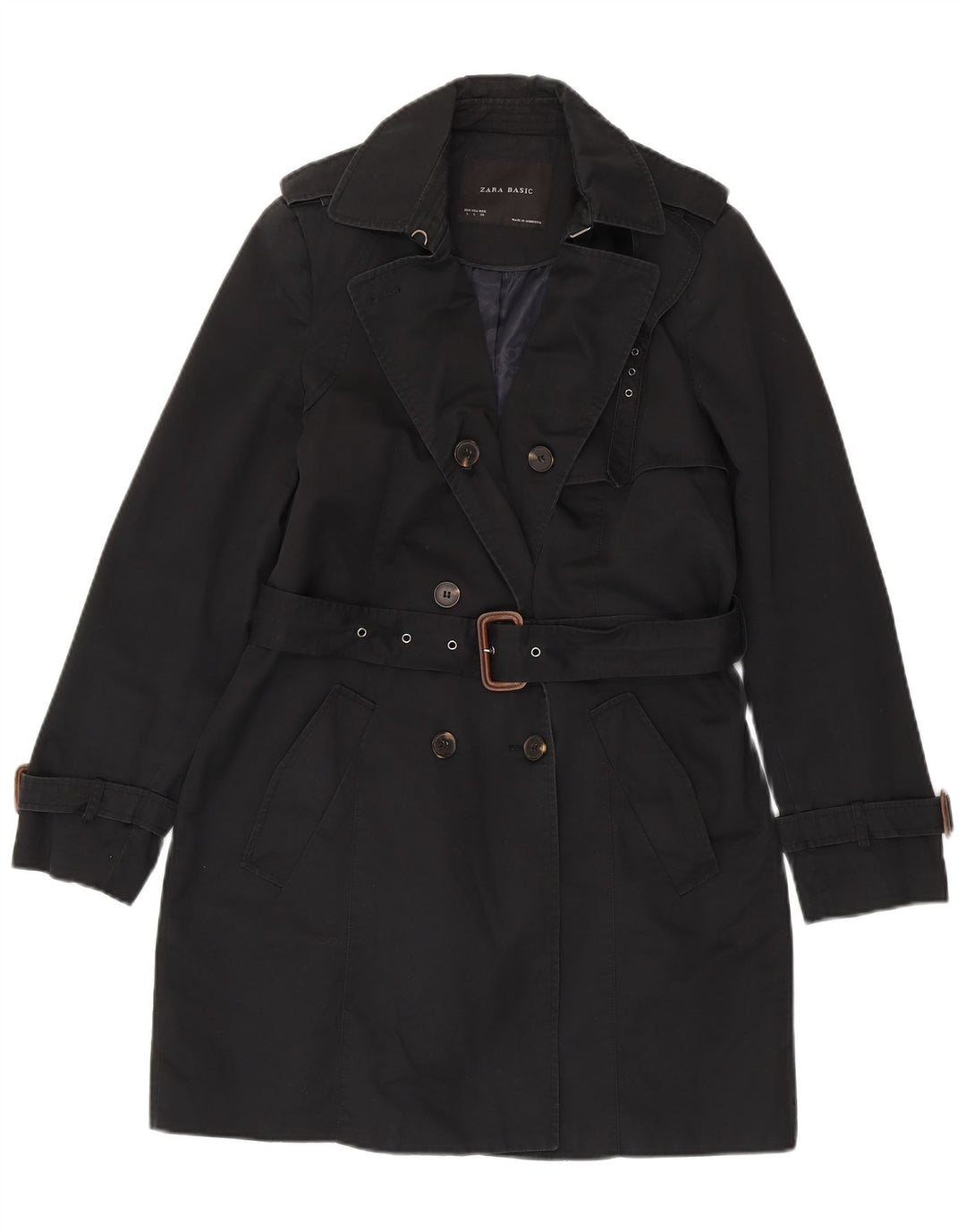Zara Womens Trench Coat UK 16 Large Noir Coton